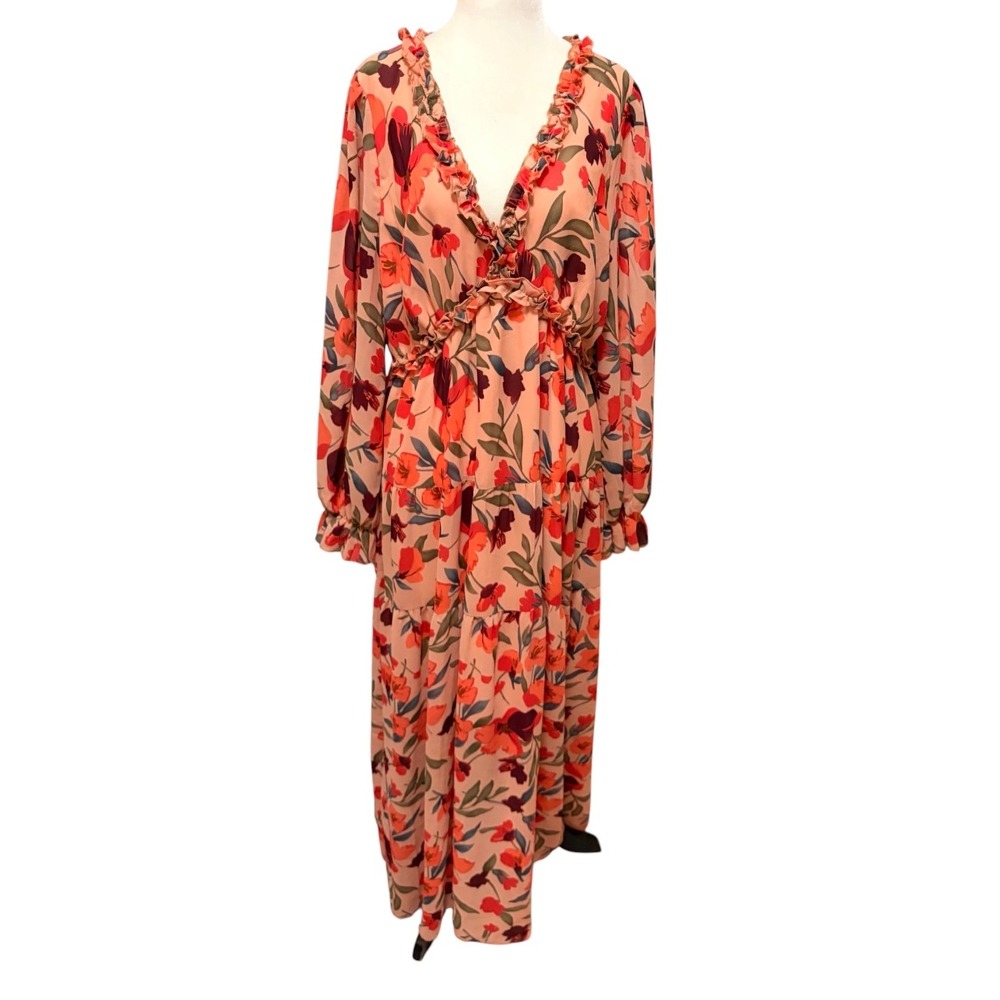 NEW Floral Ruffle V-Neck Tiered Maxi Dress XL Peach Orange Boho Long Sleeve